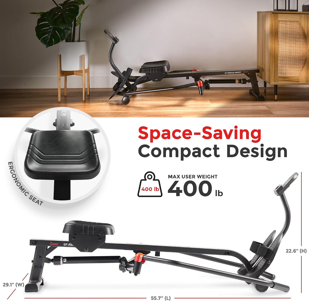 Sunny Health & Fitness Smart Compact 360° Full-Motion Rower, Low-Impact Full-Body Workout Rowing Workout Machine, Wide Motion Range & Space-Saving Design, Free SunnyFit Training App Connection