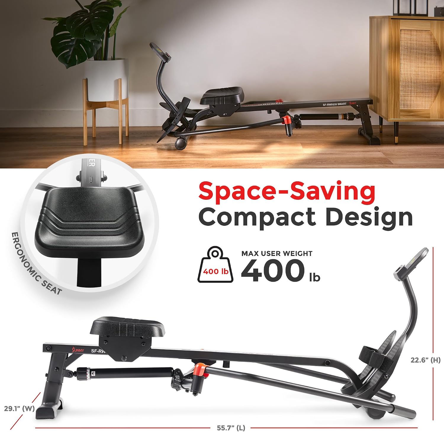 Sunny Health & Fitness Smart Compact 360° Full-Motion Rower, Low-Impact Full-Body Workout Rowing Workout Machine, Wide Motion Range & Space-Saving Design, Free SunnyFit Training App Connection