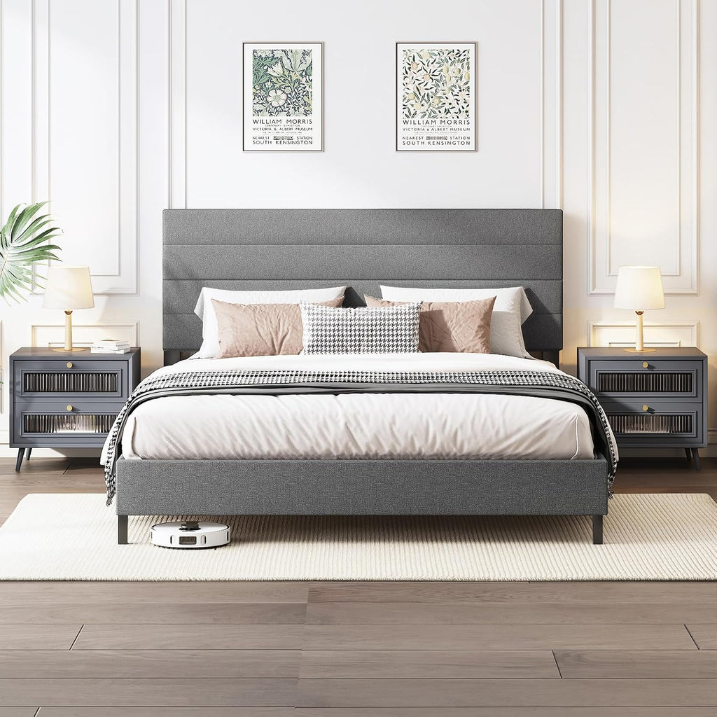 Furnihome Queen Bed Frame, Modern Upholstered Bed Frame with Adjustable Linen Headboard, Wooden Slats Support Platform Queen Size Bed Frames, No Box Spring Needed,Easy Assembly,Dark Grey