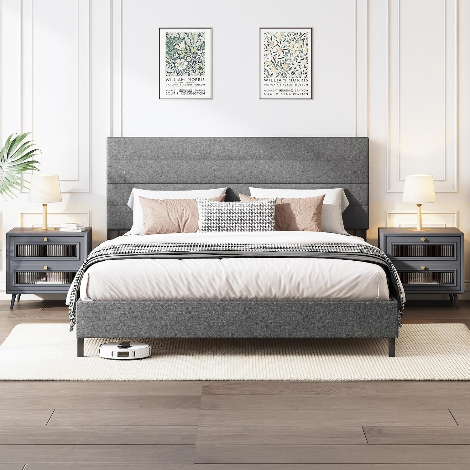Furnihome Queen Bed Frame, Modern Upholstered Bed Frame with Adjustable Linen Headboard, Wooden Slats Support Platform Queen Size Bed Frames, No Box Spring Needed,Easy Assembly,Dark Grey