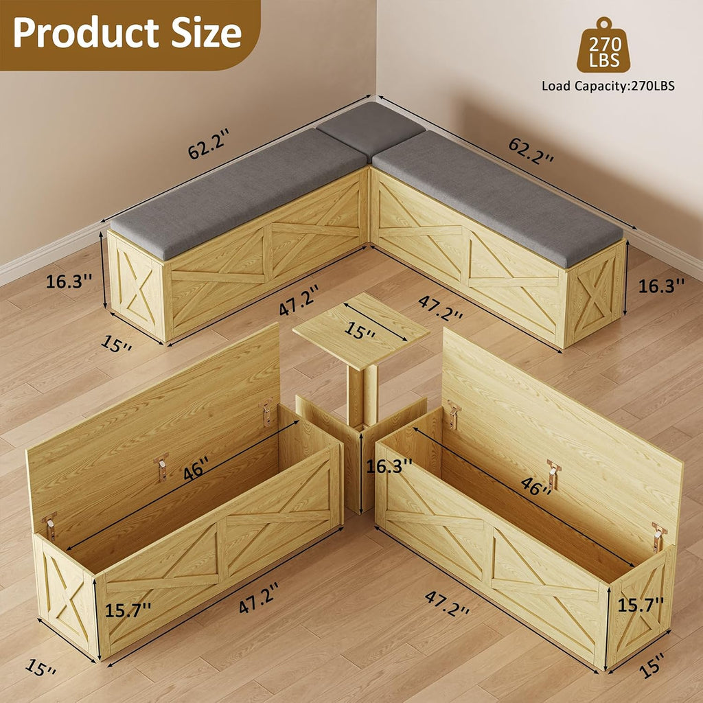 L-Shape Storage Bench with Cushion, Farmhouse Corner Dining Bench, Kitchen Breakfast Nook Bench with Hidden Storage for Dining Room, Entryway, Cloakroom, Natural