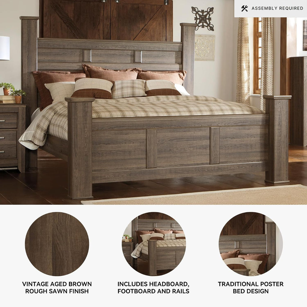 Signature Design by Ashley Juararo Casual King Poster Bed with Metal Slats, Foundation or Box Spring Needed, Dark Brown