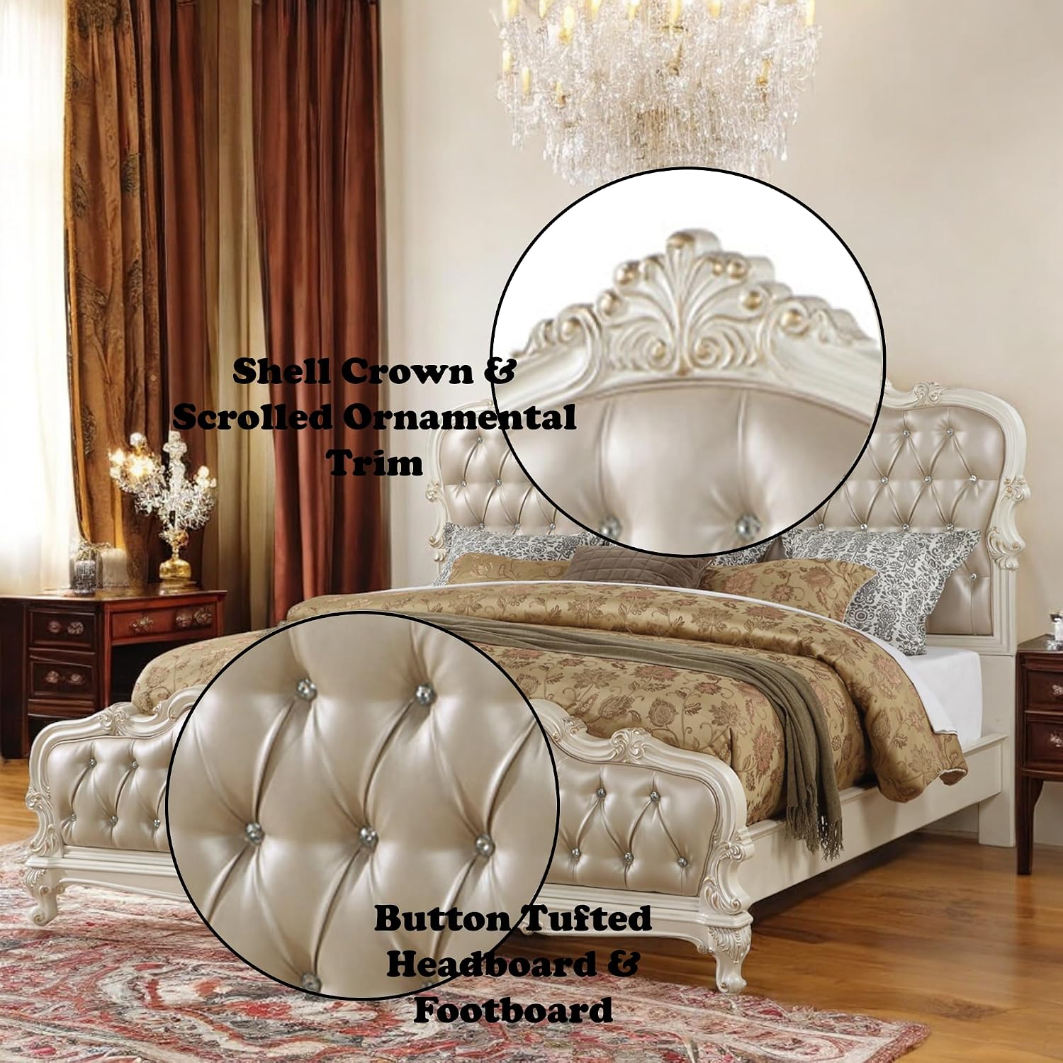 Acme Chantelle Eastern King Tufted Faux Leather Bed in Rose Gold and Pearl White