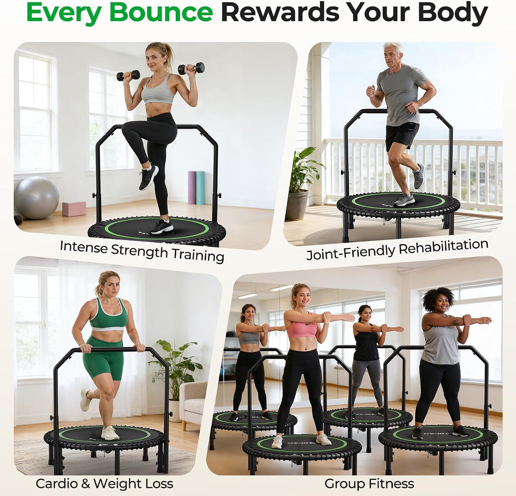 BCAN BT2 450/550LBS Mini Rebounder Trampoline for Adults with Bar, Fitness Trampoline with Bungees, Adjustable Handle, Stable & Quiet, Indoor Outdoor, Whole-Body Workout & Relaxation at Home-40IN/48IN