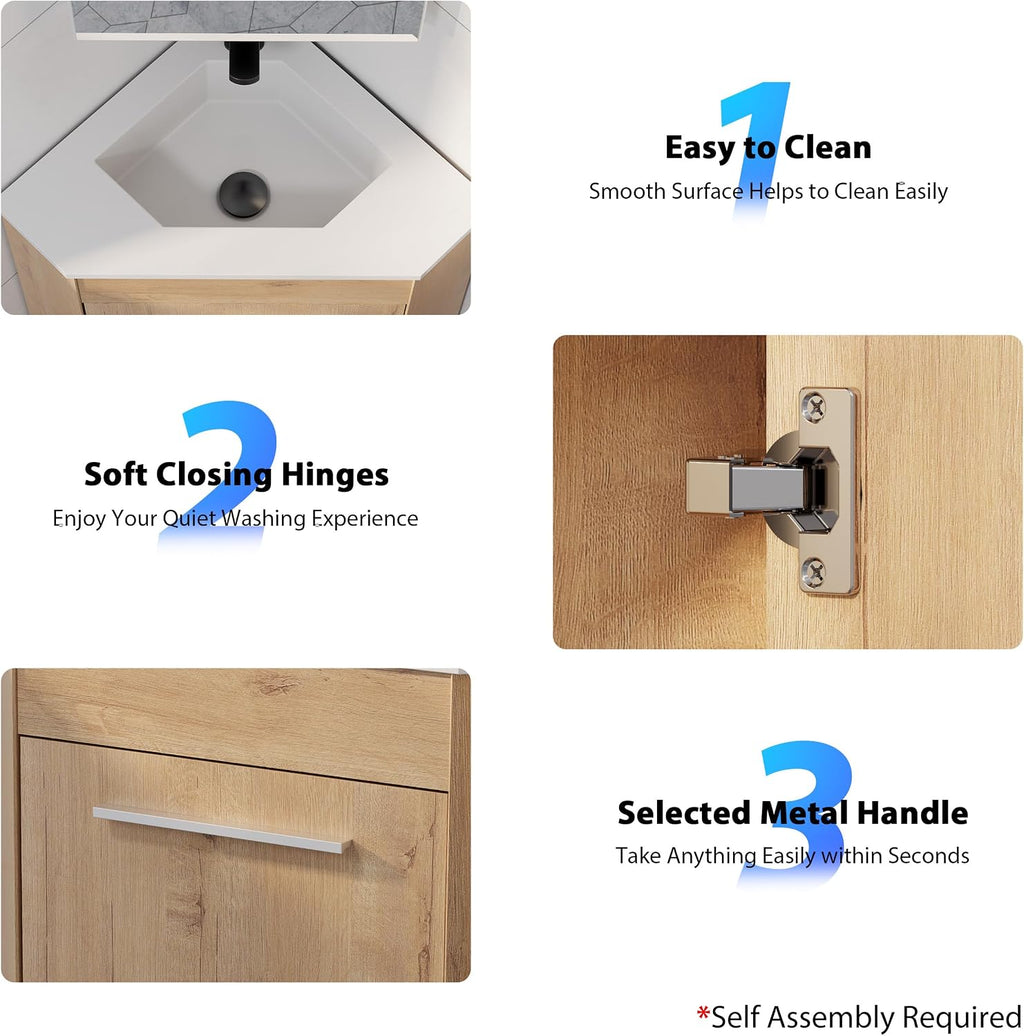 eclife 26' Corner Bathroom Vanity Sink Combo for Small Space Freestanding Storage Cabinet with White Resin Sink and Matte Black Faucet, Natural