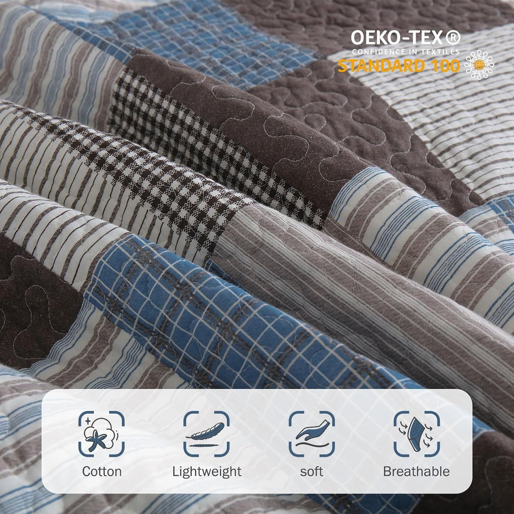 Y-PLWOMEN 100% Cotton Farmhouse Plaid Lightweight 3-Pieces Quilt Set (Blue Brown, King98 * 106 Inch)