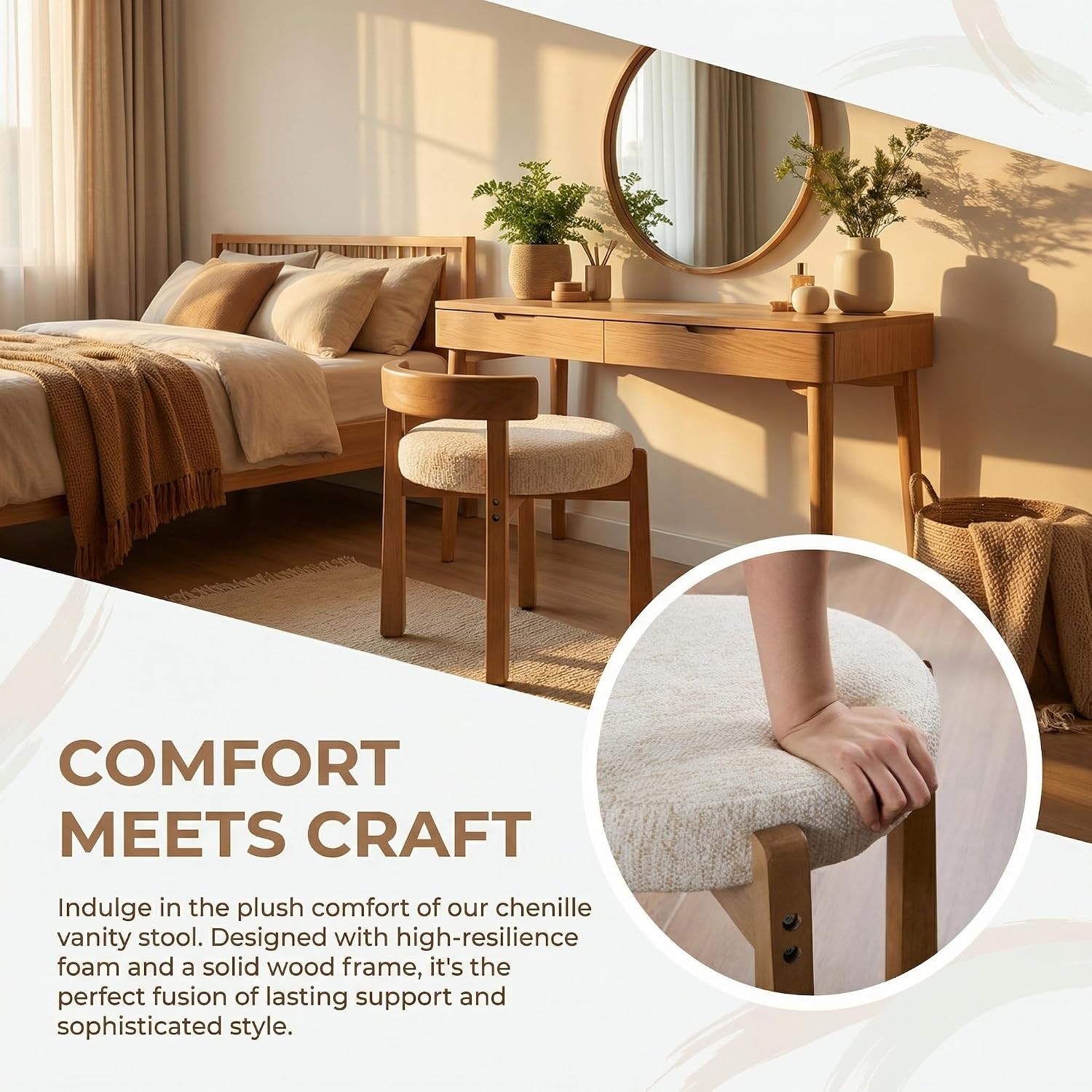 HNY Modern Chenille Vanity Chair & Ottoman: Upholstered Round Seat with Solid Wood Legs, for Makeup Dressing, Living Room Footrest or Piano Bench, Beige