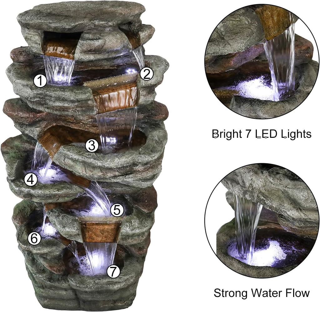 Naturefalls 48' High Outdoor Rock Water Fountain with LED Lights - Mutil-Tiers Poly-Resin Cascading Waterfall Fountain for Garden, Patio, Yard, Home Decor