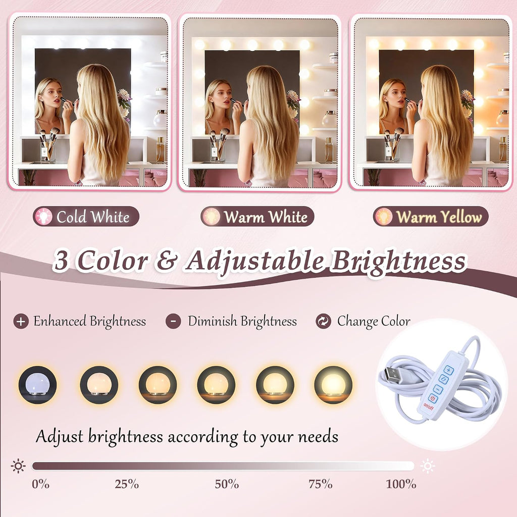 Merax 37' Pink Vanity Desk with Mirror and Lights and Storage Stool, Modern Dressing Table Set with 6 Pink Finish Drawers and Visual Glass Top and Charge Station for Bedroom or Dressing Room