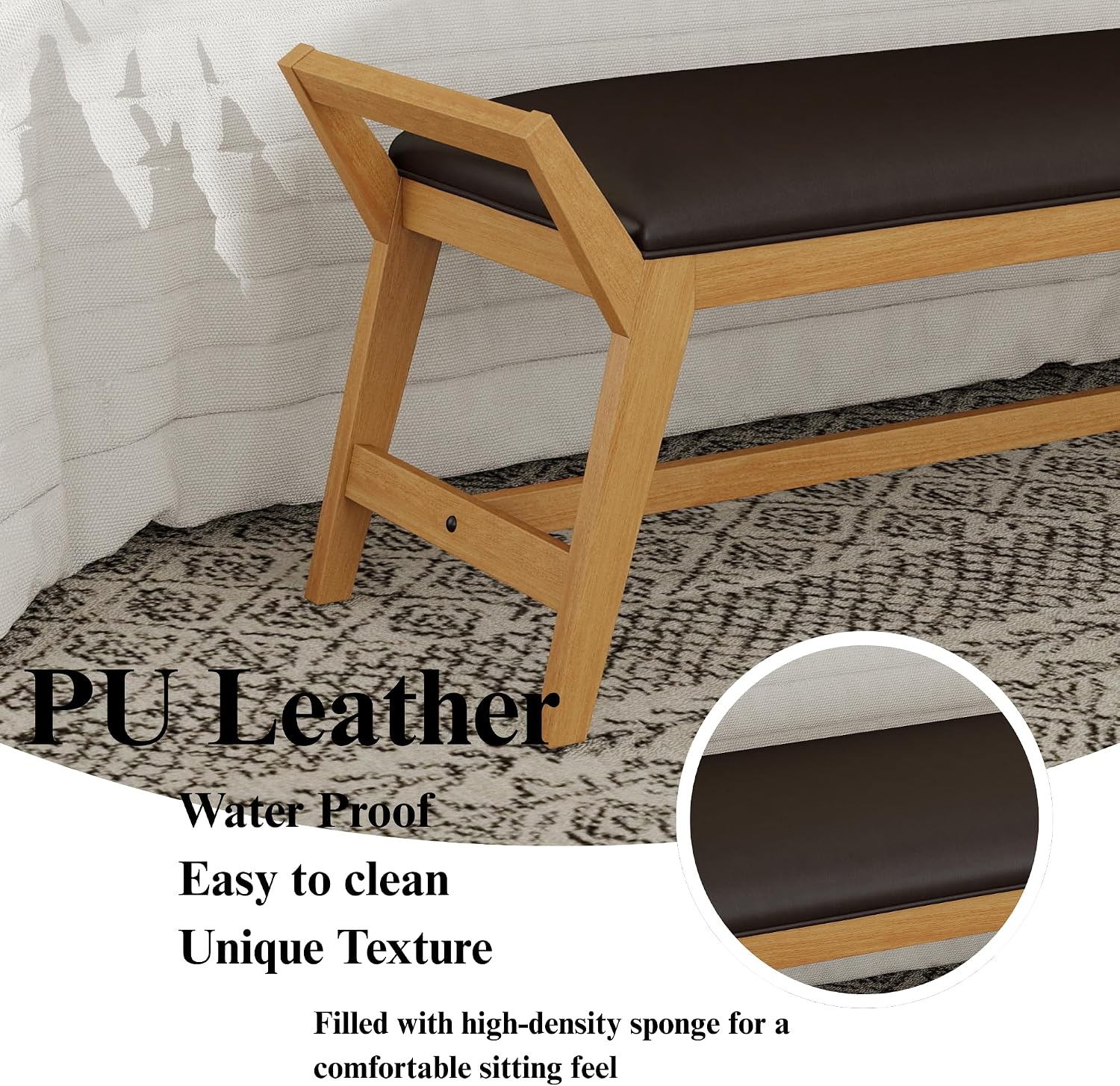 51' End of Bed Bench, Entryway Bench with Solid Wood Frame Fabric Ottoman Bench for Bedroom/Entry/Living Room, PU Leather Black