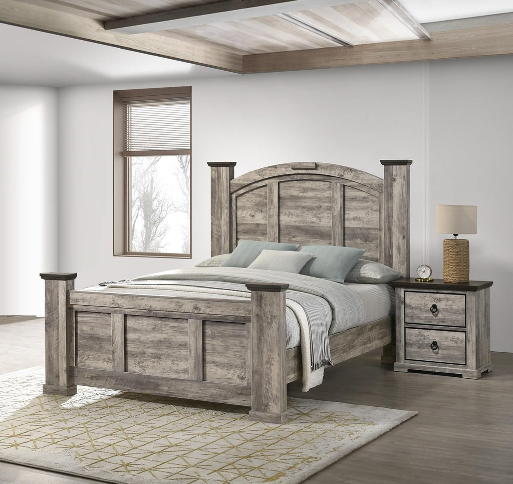 Generic Rustic Gray Poster King Size 3pc Panel Bed Set Storage Wooden Master Bedroom Furniture, Grey