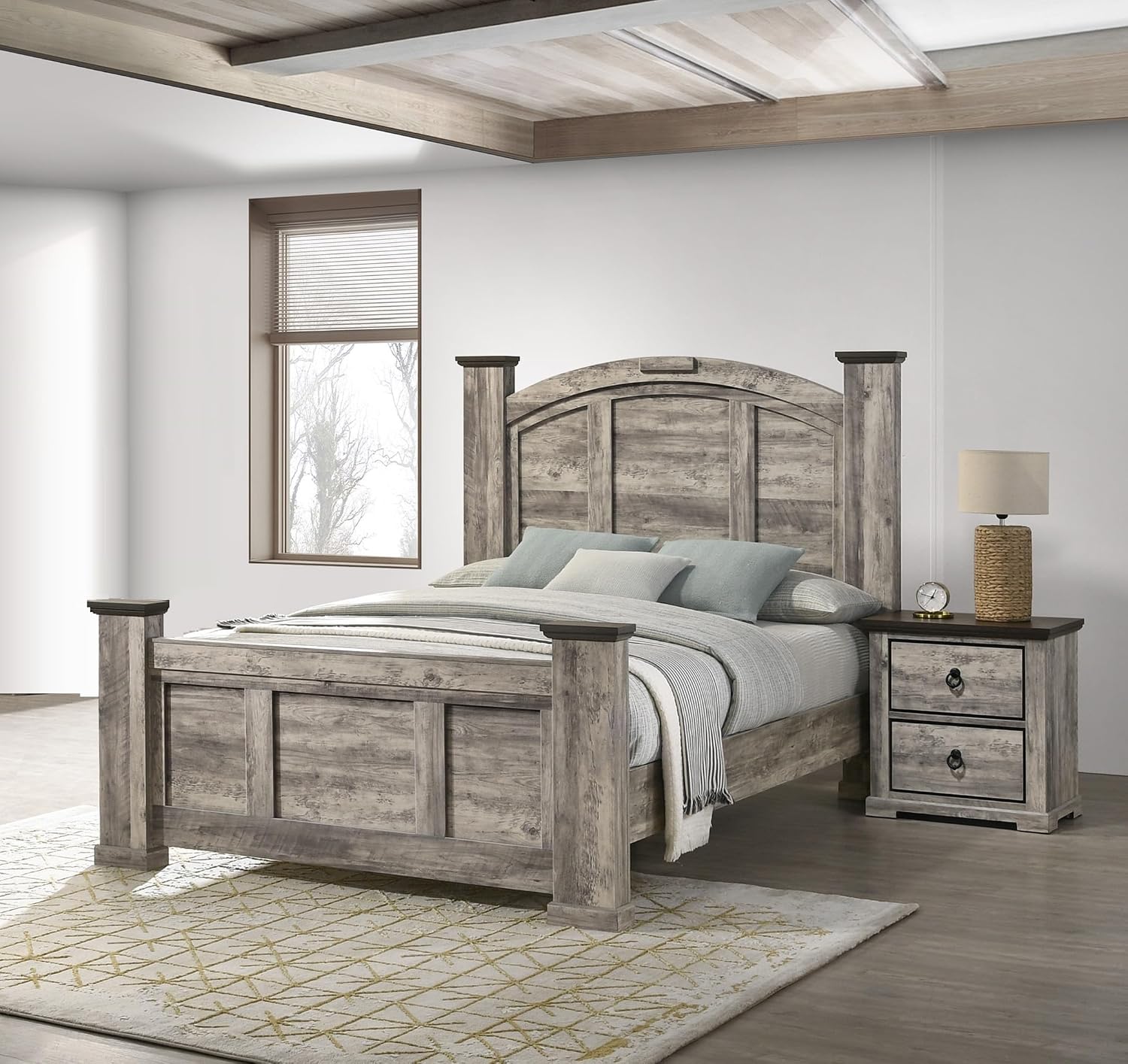 Generic Rustic Gray Poster King Size 3pc Panel Bed Set Storage Wooden Master Bedroom Furniture, Grey