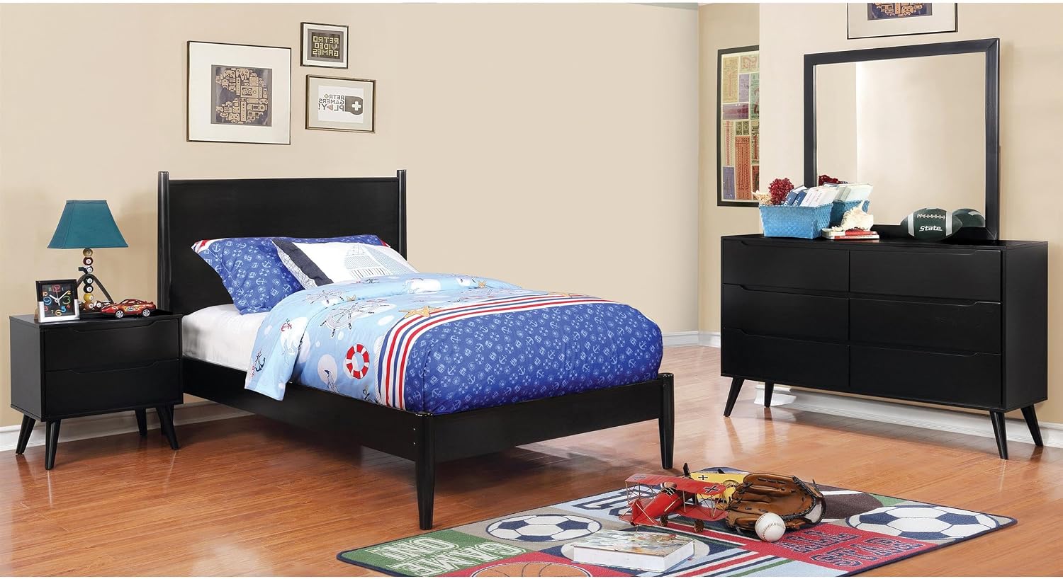 HOMES: Inside + Out Debonaze Mid-Century Modern E. King 4-Piece Bedroom Set, Eastern, Black
