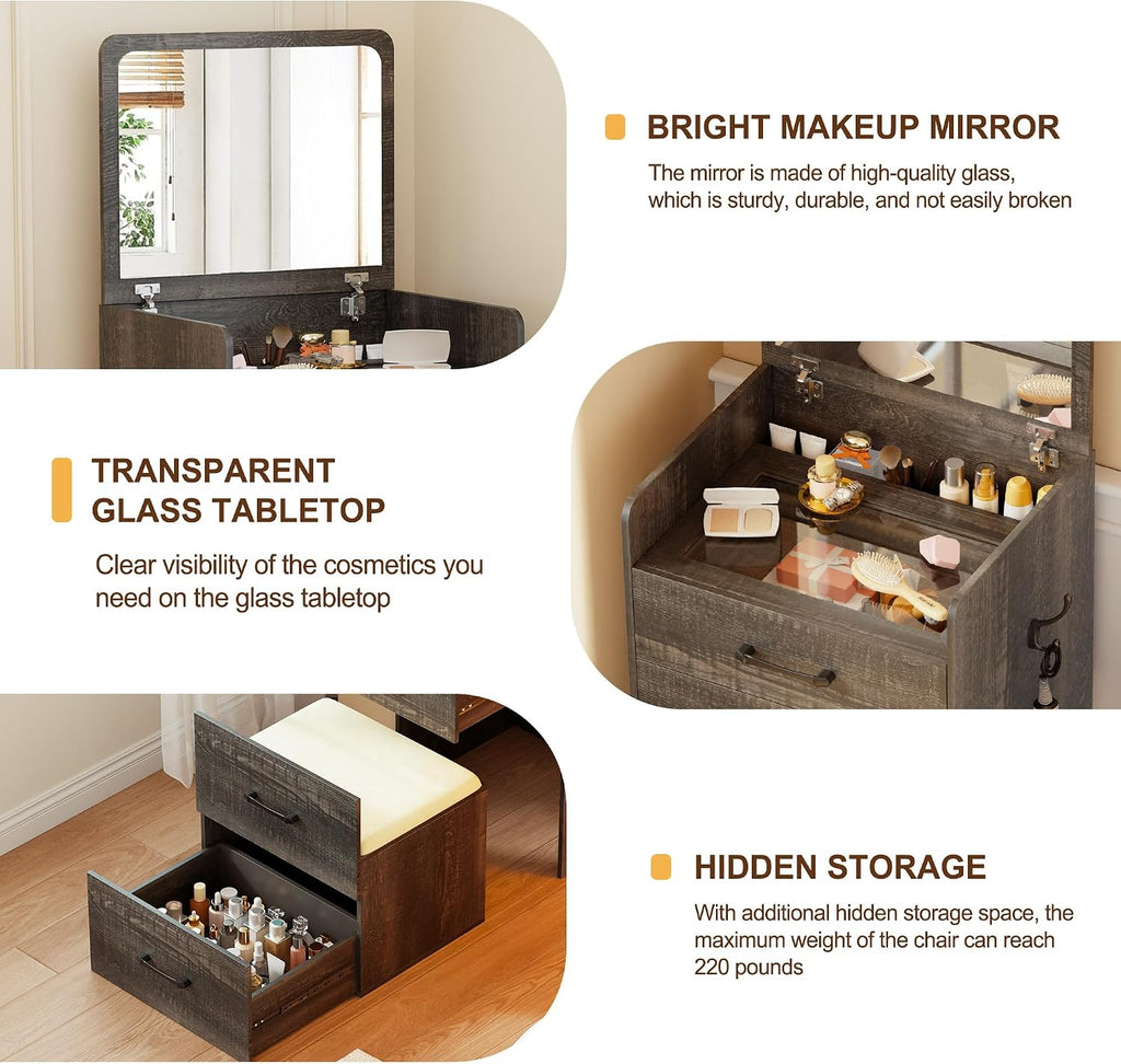3 in 1 Make Vanity Desk with Flip Top Mirror,Glass Top Makeup Vanity Table with Cushioned Stool,Small Dressing Table with 3 Drawers,Compact Vanity Set for Apartment,Dormitory(Brown)