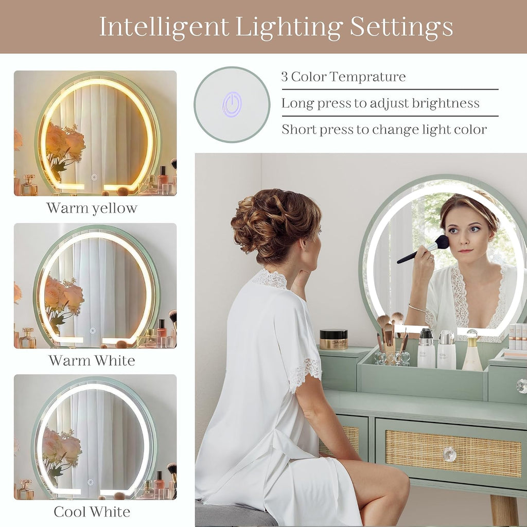Brafab 31' Boho Natural Rattan Vanity Desk Set with 3 Modes Adjustable Lighted Mirror and Cushioned Stool, Modern Compact Design Makeup Table for Bedroom, Cute Dressing Table for Small Space, Mint