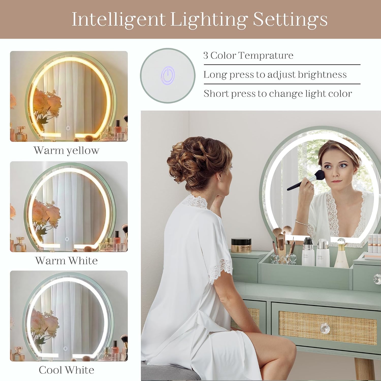Brafab 31' Boho Natural Rattan Vanity Desk Set with 3 Modes Adjustable Lighted Mirror and Cushioned Stool, Modern Compact Design Makeup Table for Bedroom, Cute Dressing Table for Small Space, Mint