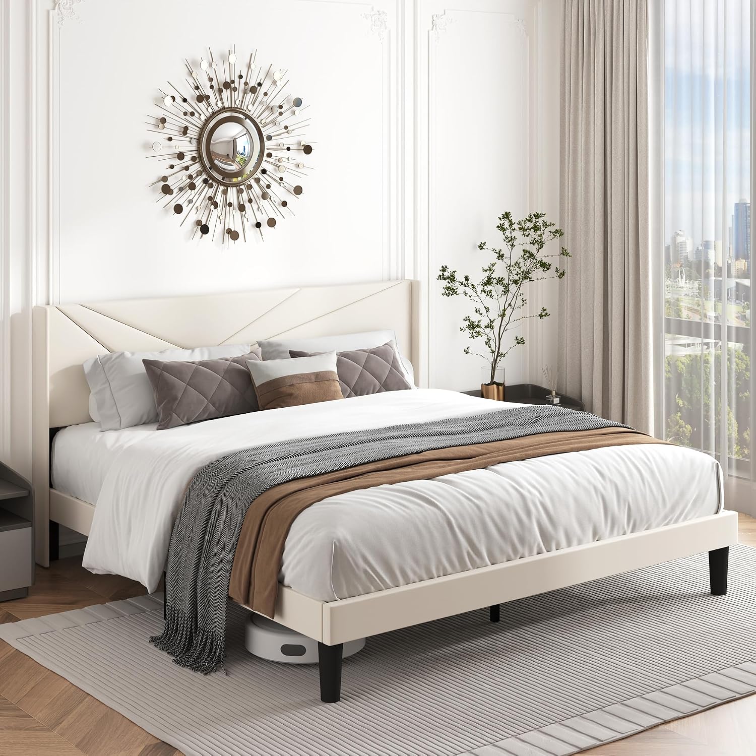 King Size Bed Frame with Upholstered Wingback Headboard, Easy Assemnly Platform Bed and Heavy Duty Wooden Slats Support, Noise-Free, No Box Spring Needed (Cream, King)