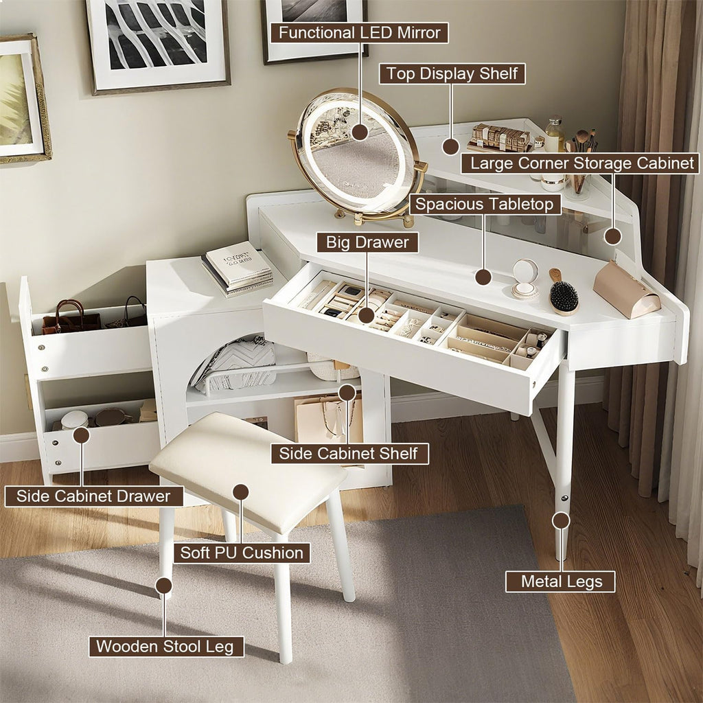 Corner Vanity Desk, Modern Vanity Set with Mirror and Stool, Bedroom Dresser LED Mirror Stepless Dimmable for Small Place, Brightness Adjustable Folding Mirror, White