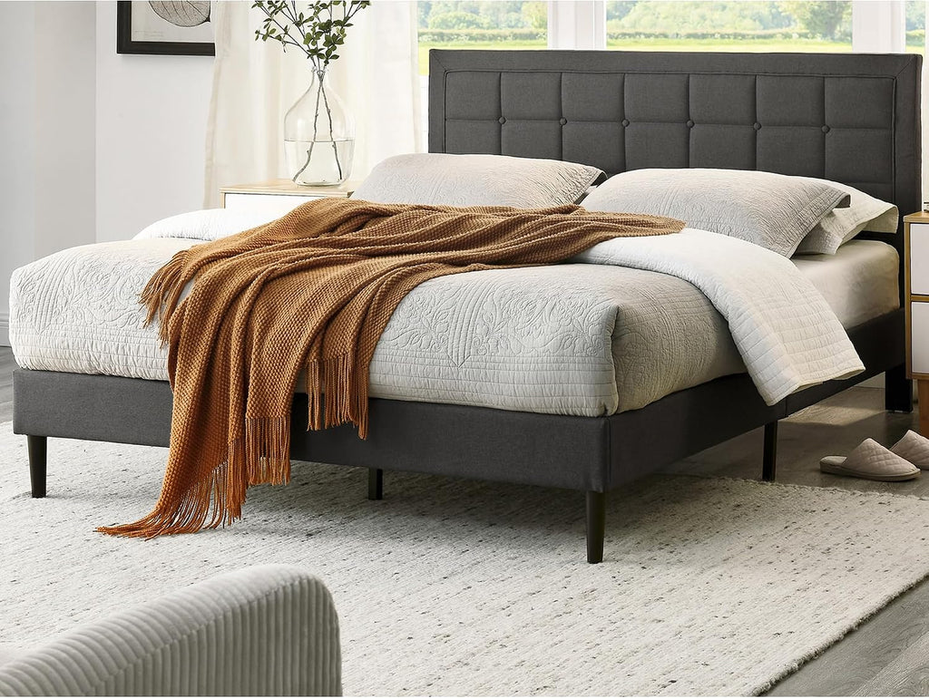 Decoro Mornington Upholstered 2.0 Platform Bed, Button-Tufted Fabric Headboard and Metal Frame with Wood Slat Support, Dark Grey, King