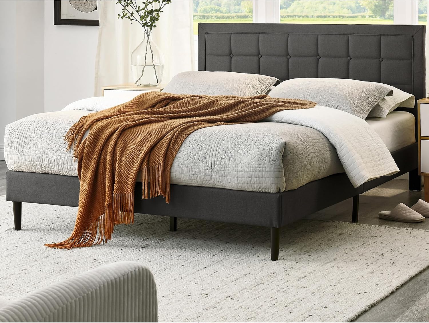 Decoro Mornington Upholstered 2.0 Platform Bed, Button-Tufted Fabric Headboard and Metal Frame with Wood Slat Support, Dark Grey, King