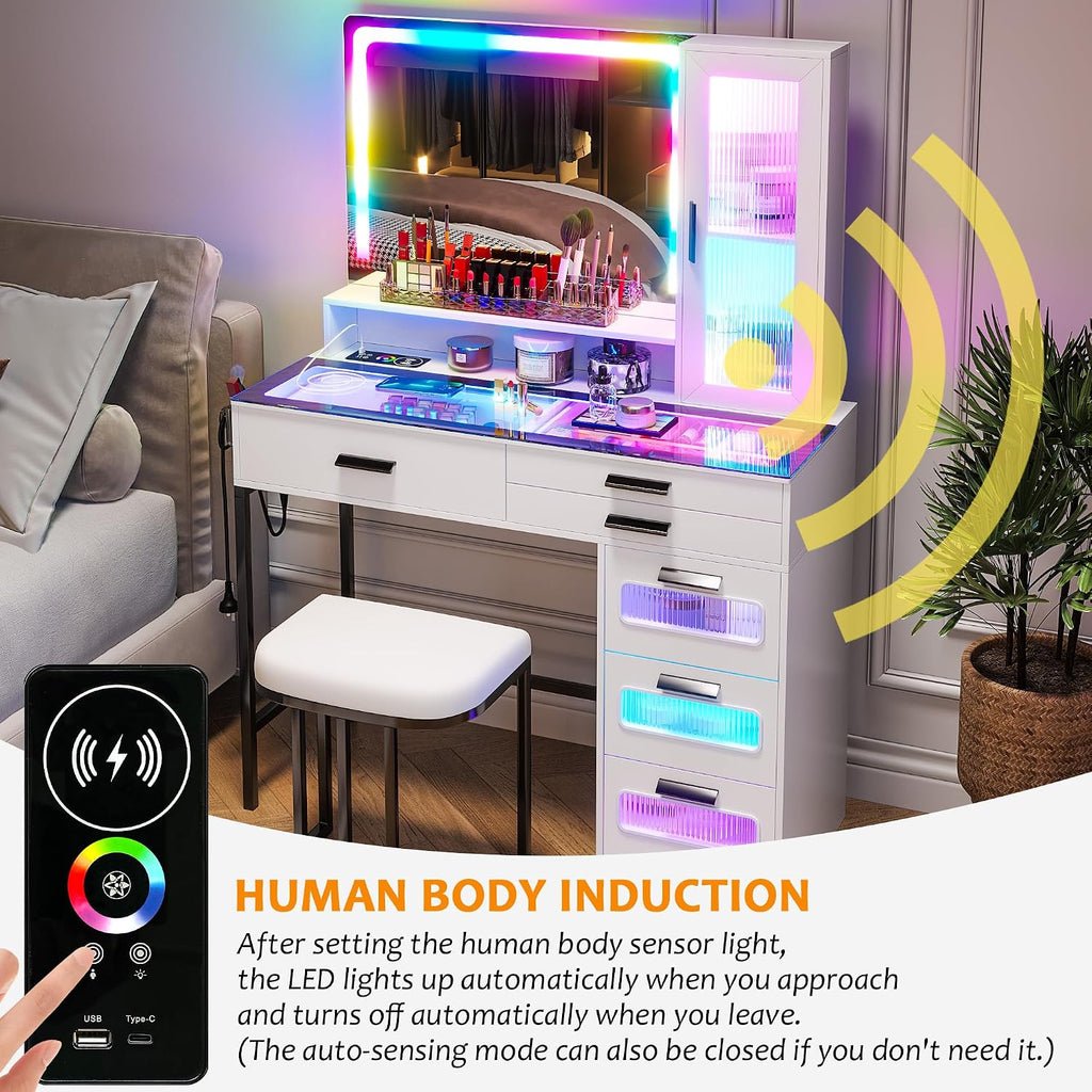 WOOVIVS Vanity with LED Mirror, Makeup Desk with 24 RGB Atuo Lighted Drawers for Bedroom, Glass Top Vanities Table Set with Wireless Charging Station, Chair,Jewelry Organizer for Girls/Women (White)