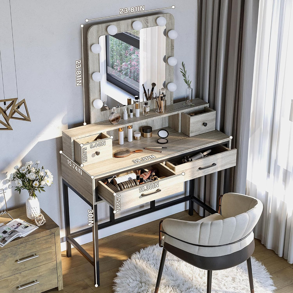 SUNVIVI Vanity, Makeup Vanity Desk with 3 Color Dimmable Lighted Hollywood Mirror, Grey Vanity with 4 Drawers, Large Dressing Table for Women Girls
