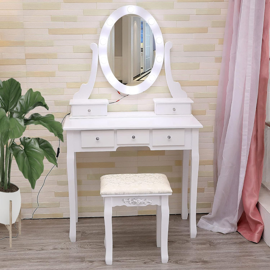 GarveeHome Modern Makeup Vanity, Girls Vanity Set with Lighted Mirror and Cushioned Stool, Make Up Table with 5 Drawers for Bedroom, Dressing Table for Kids Women Girlste