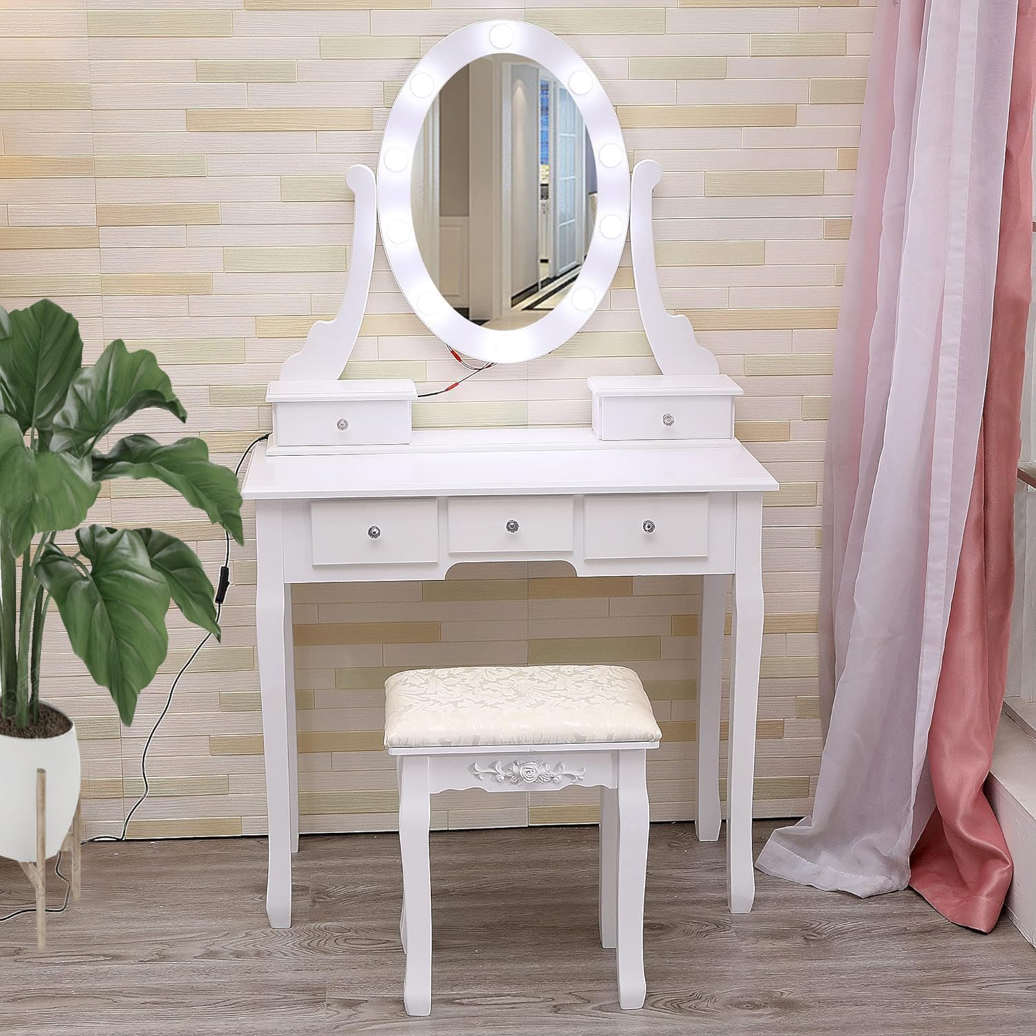 GarveeHome Modern Makeup Vanity, Girls Vanity Set with Lighted Mirror and Cushioned Stool, Make Up Table with 5 Drawers for Bedroom, Dressing Table for Kids Women Girlste