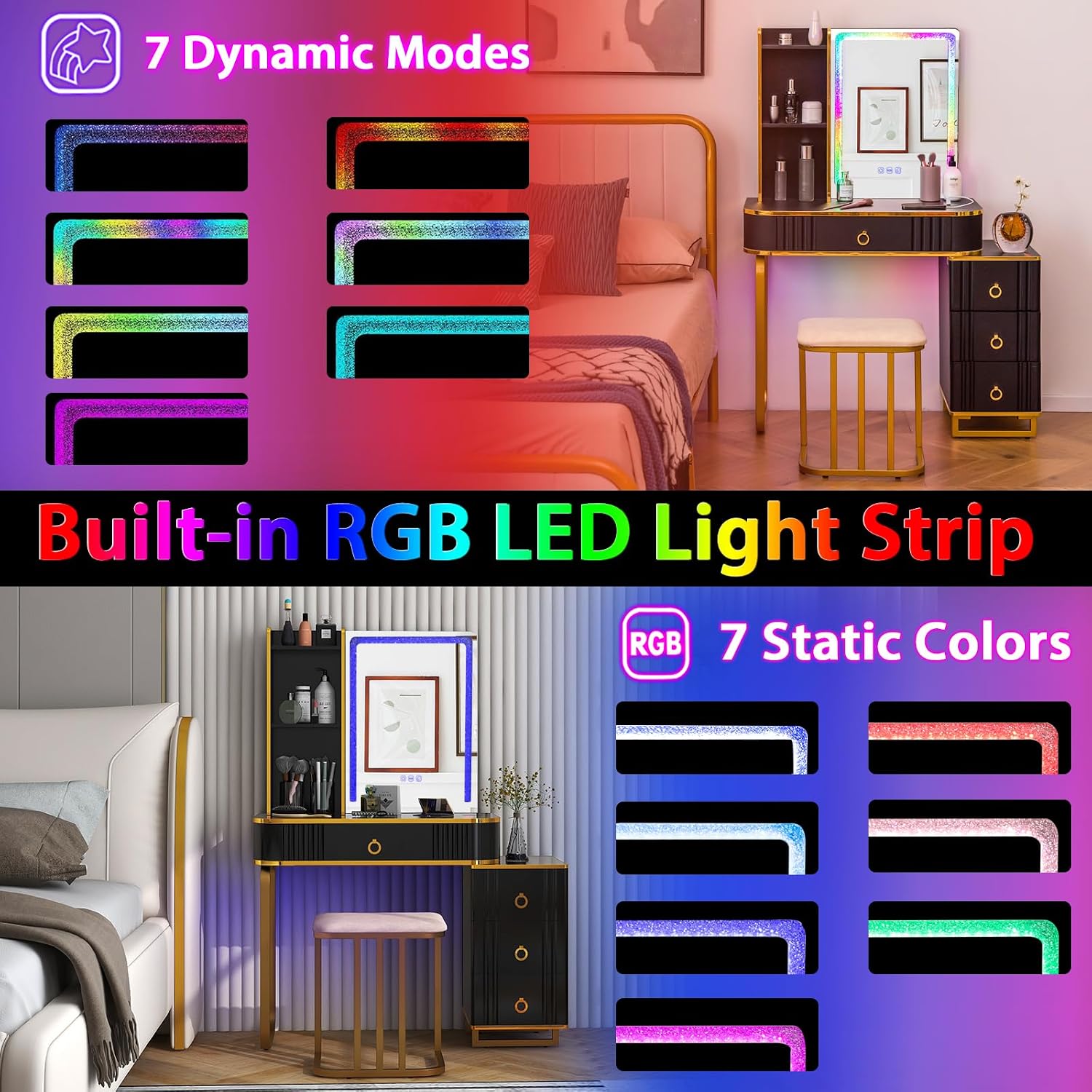 CHARMAID RBG LED Makeup Vanity Table, Colorful Lighted Mirror, 7 Dynamic & 7 Static Modes, 3-Drawer Chest, 3 Shelves, Large Drawer, Girls Vanity Desk Dressing Table with Stool