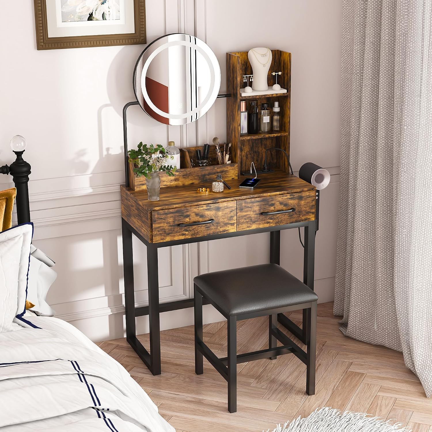 Vanity Desk with Mirror & Power Outlet,3 Dimmable Colors Light Small Makeup Vanity Table Set with 2 Large Drawers & Chair,Adjustable Brightness Dressing Table for Girls Bedroom, Retro