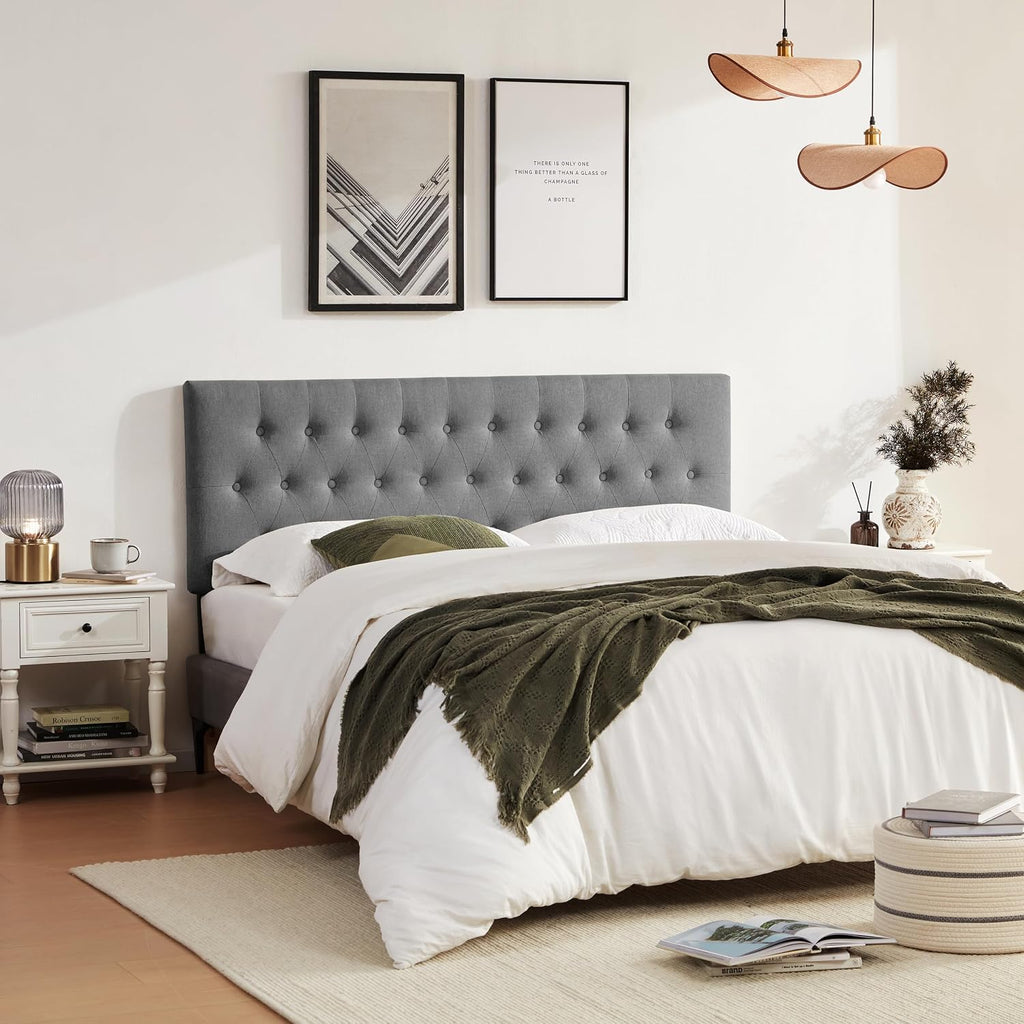 Huatean Home Tufted Upholstered Headboard King Size, Solid Wood Head Board with Durable Metal Legs, Adjustable Height Bed headboard from 37' to 51' Fabric Headboard in Modern Button Design, Grey