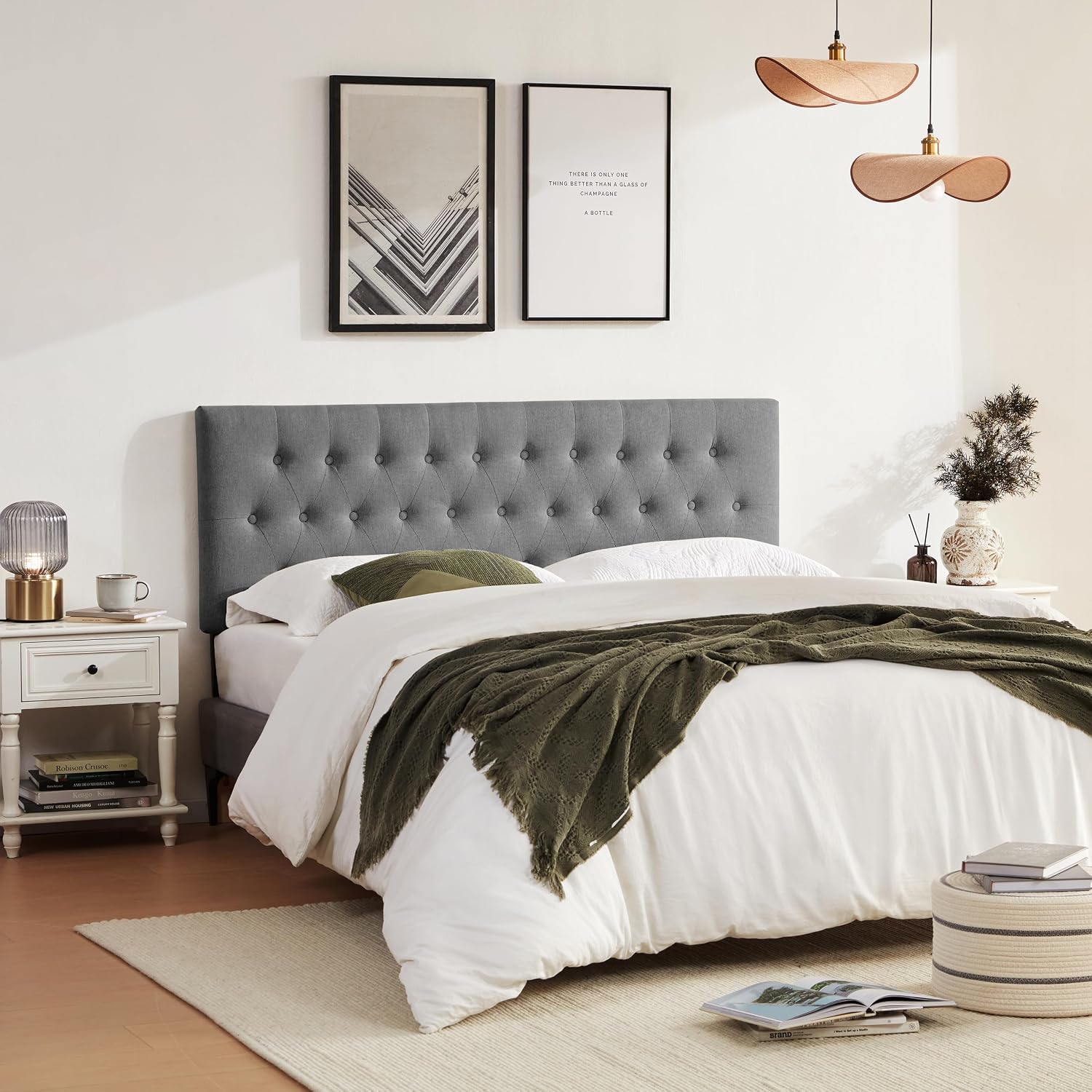 Huatean Home Tufted Upholstered Headboard King Size, Solid Wood Head Board with Durable Metal Legs, Adjustable Height Bed headboard from 37' to 51' Fabric Headboard in Modern Button Design, Grey