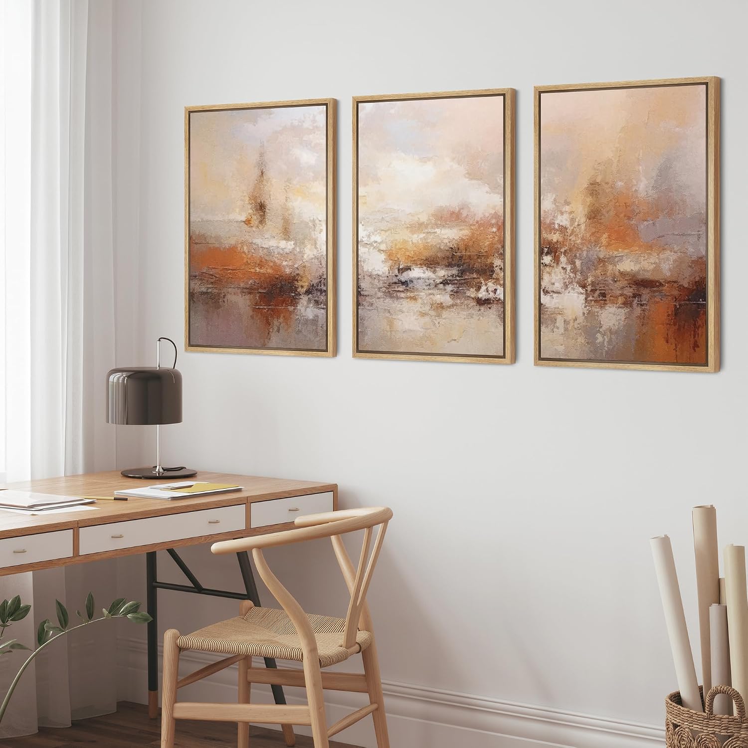 wall26 Framed Canvas Print Wall Art Set Vibrant Red & Orange Paint Stroke Landscape Abstract Shapes Illustrations Modern Art Geometric Mid-Century Modern Cozy for Bedroom - 16'x24'x3 Natural