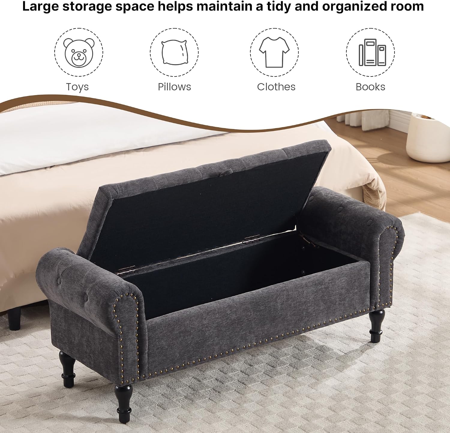 51' Storage Bench for Bedroom, Chenille End of Bed Bench, Queen Size Bench with Rolled Arms, Tufted Storage Ottoman Benches, Upholstered Bench for Bedroom, Living Room, Entryway, Dark Grey