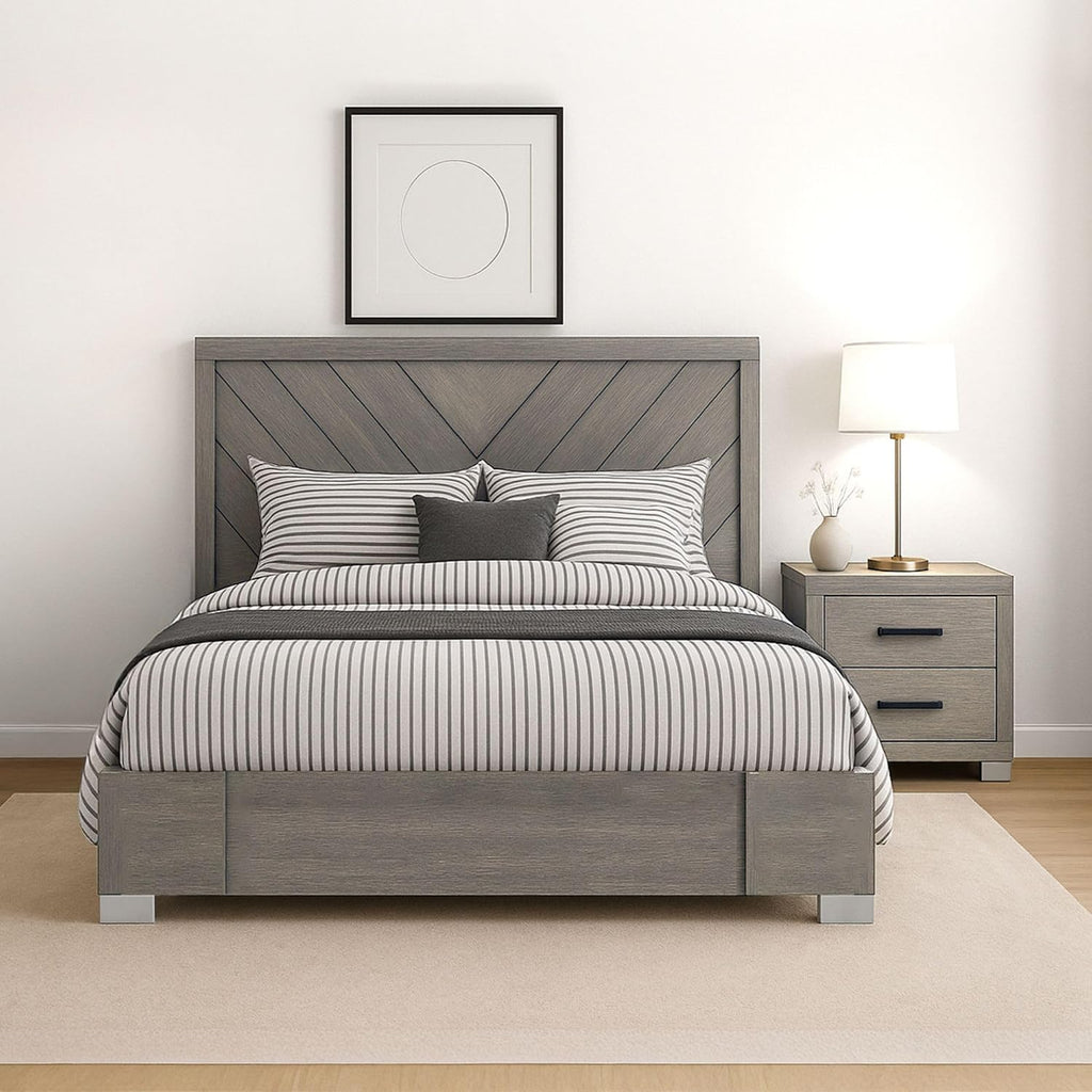 Kings Brand Furniture 2-Piece Oak Gray with Chrome Legs Bedroom Set – Wood Bed Frame and 1 Night Stand (King)
