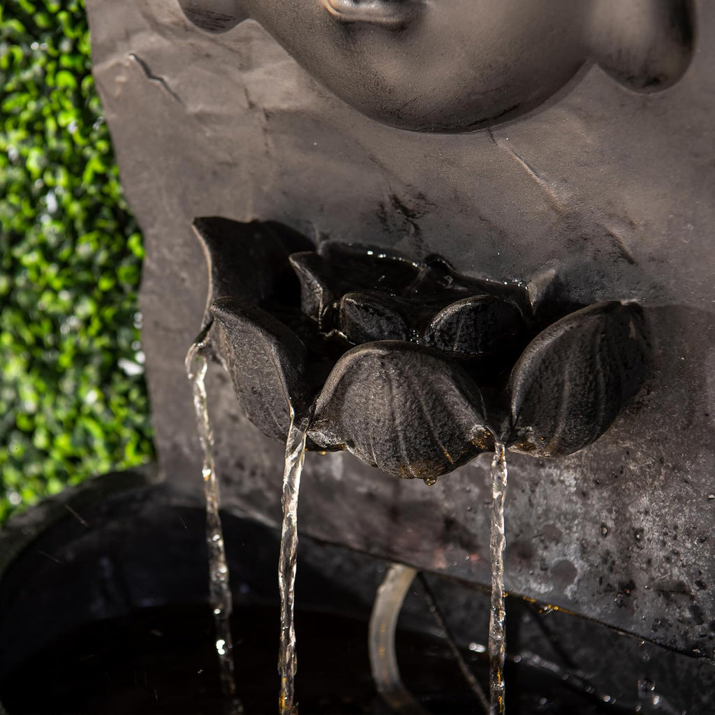 XBrand 30' H Buddha Water Fountain, Zen Wall Outdoor Garden Fountain w/Warm LED Light & Pump, Black Resin Water Fountain for Patio Backyard Home Decor