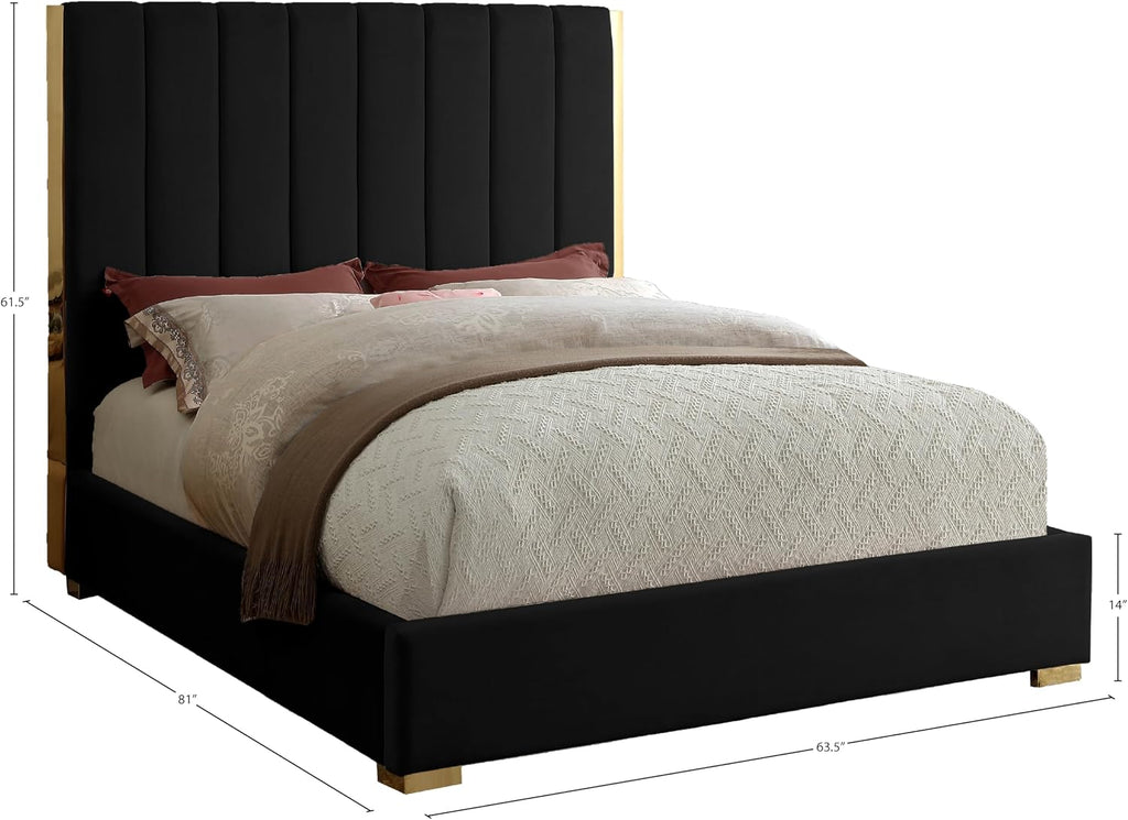 Meridian Furniture Becca Collection Modern | Contemporary Velvet Upholstered Bed with Deep Channel Tufting and Polished Gold Metal Frame, Black, Full