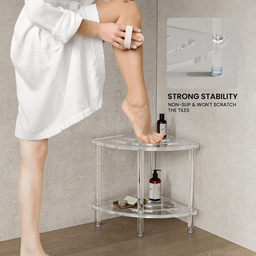 Sumerflos Acrylic Corner Shower Stool, Clear Shower Bench for Shaving Legs Seating Waterproof Heavy Duty Assemble Modern (Clear, 15.75' D x 15.75' W x 18.11' H)