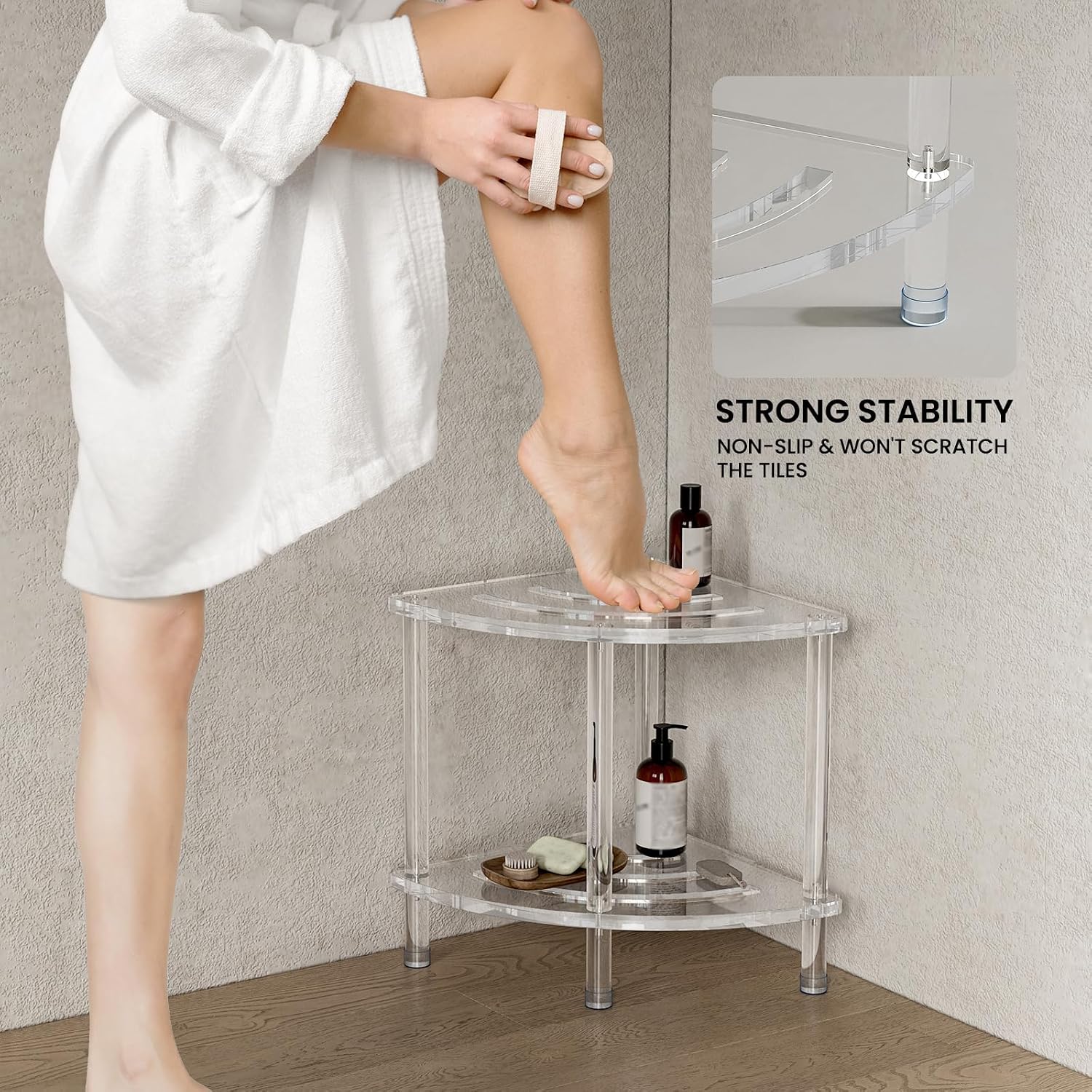 Sumerflos Acrylic Corner Shower Stool, Clear Shower Bench for Shaving Legs Seating Waterproof Heavy Duty Assemble Modern (Clear, 15.75' D x 15.75' W x 18.11' H)