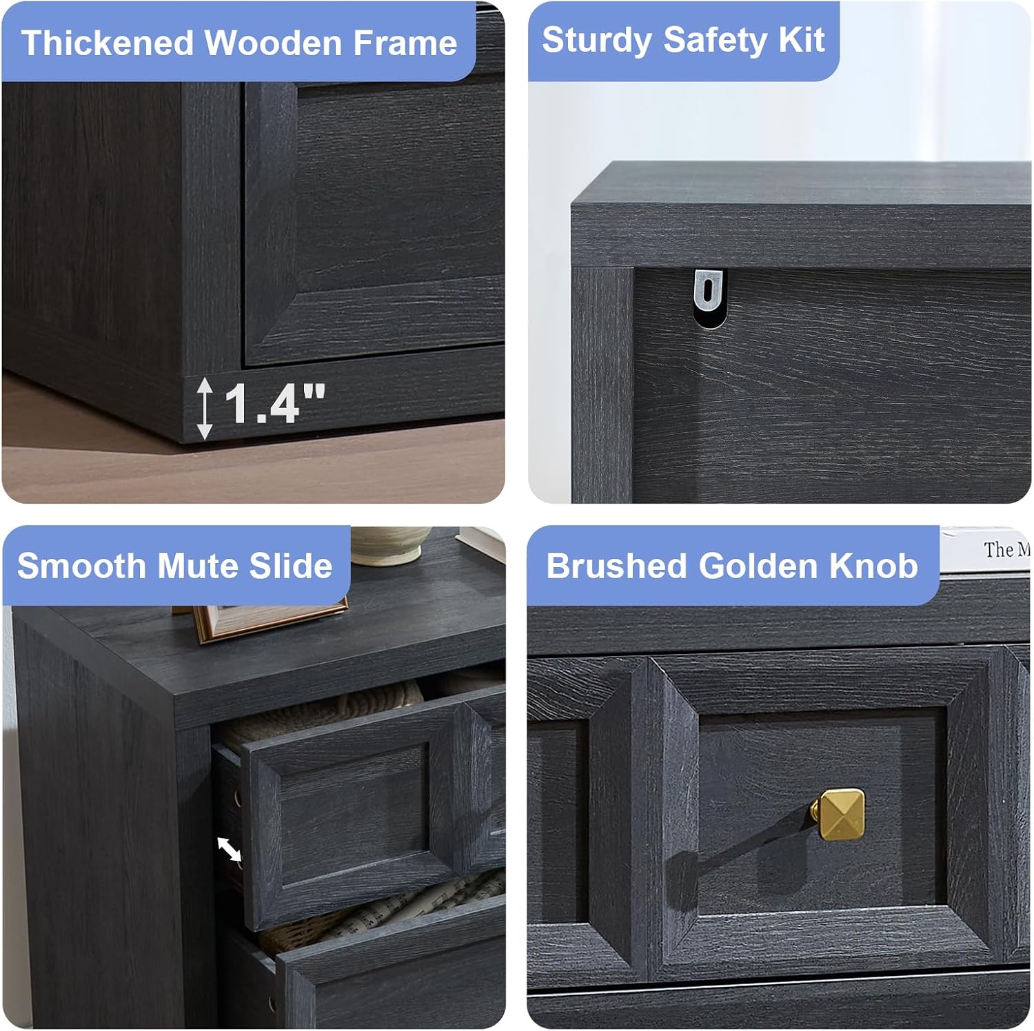 3 Drawers Nightstand W/Charging Station, 30.7' W King Size Bedside Table with 3 Drawers, Accent End Table W/Large Storage, Modern Wood Side Table for Bedroom,Office (1Piece, Gray Black)