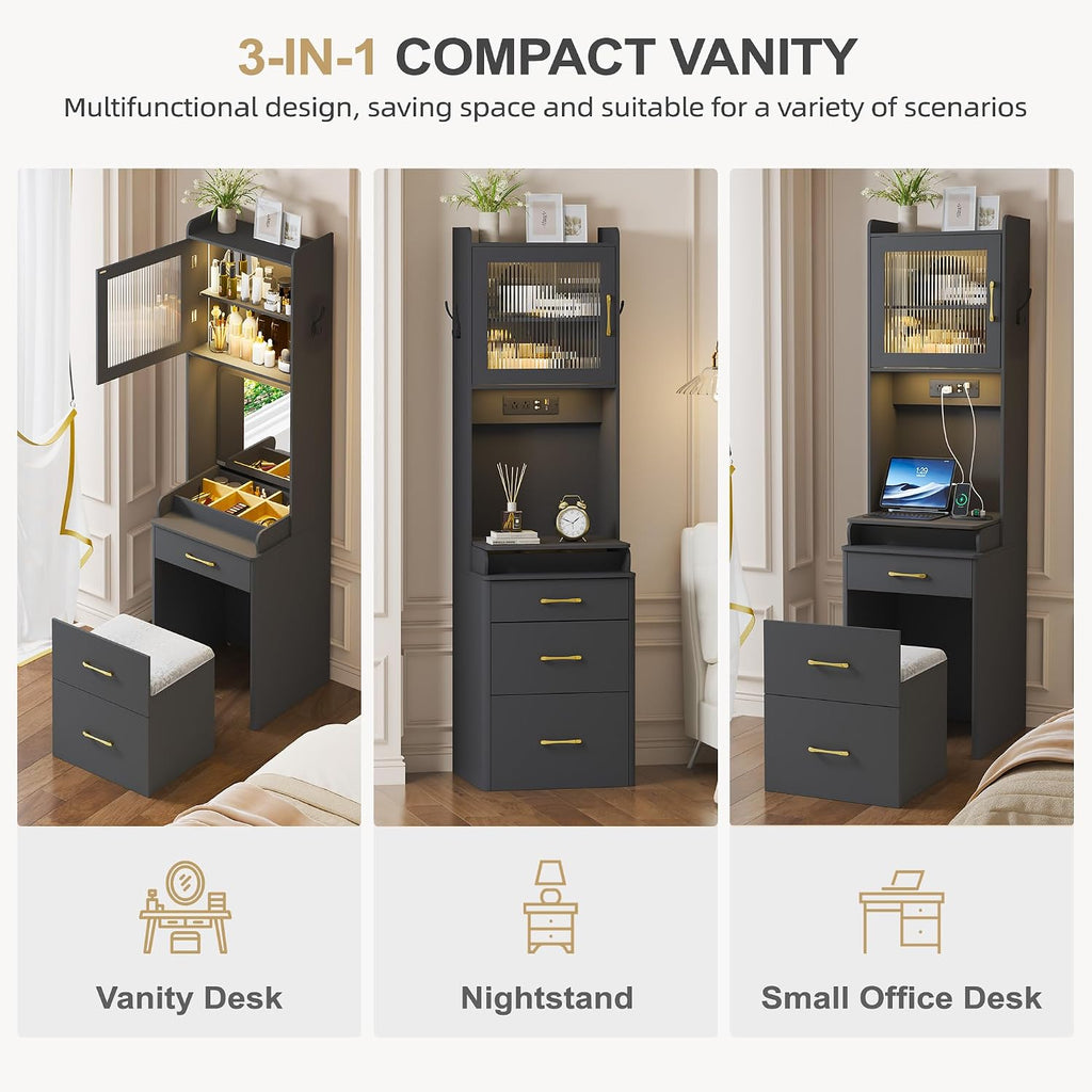 Lvifur 3-in-1 Vanity Desk with Mirror and Lights, Makeup Vanity Table with Cushioned Stool, Compact Dressing Table Writing Desk for Small Spaces, Vanity Set for Bedroom