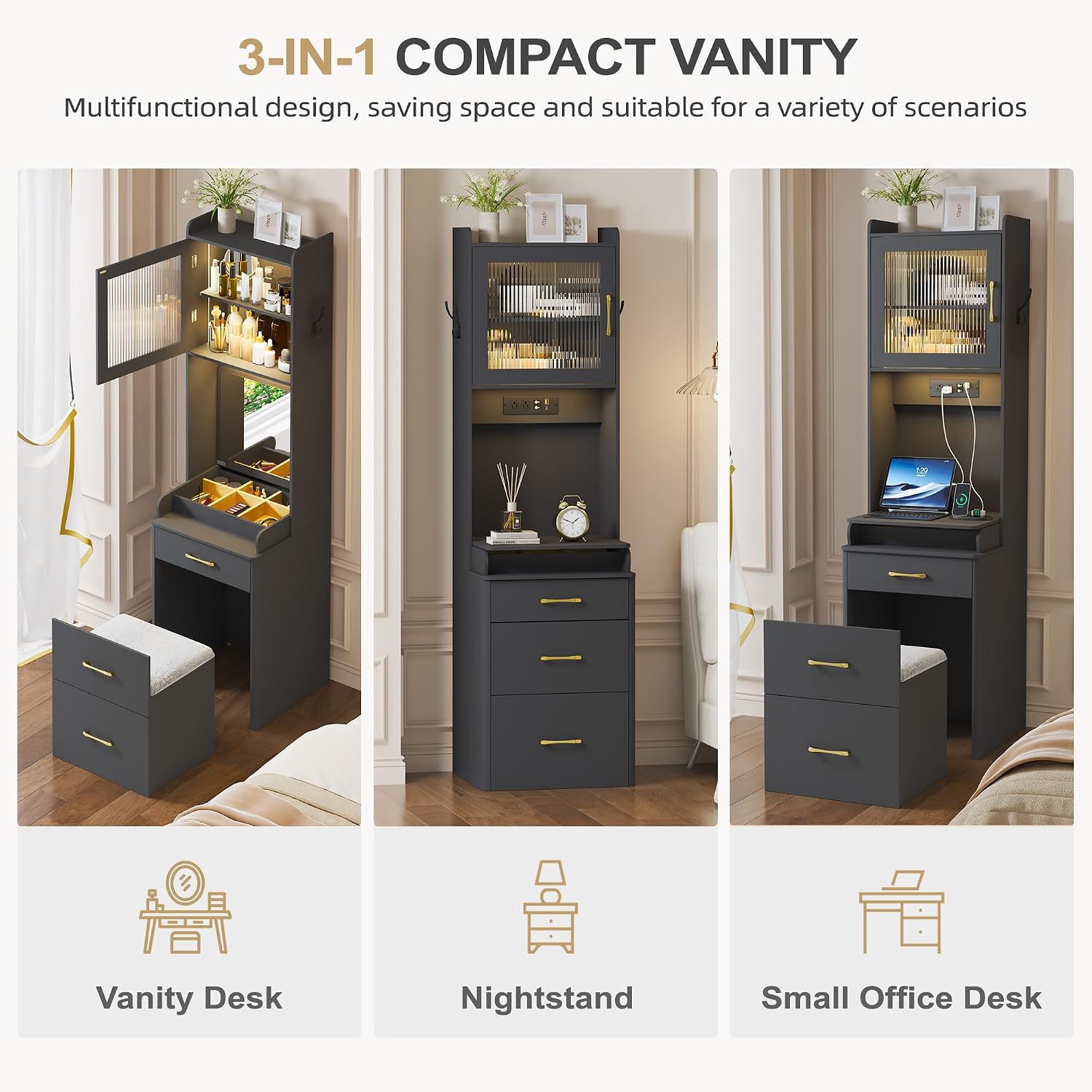 Lvifur 3-in-1 Vanity Desk with Mirror and Lights, Makeup Vanity Table with Cushioned Stool, Compact Dressing Table Writing Desk for Small Spaces, Vanity Set for Bedroom