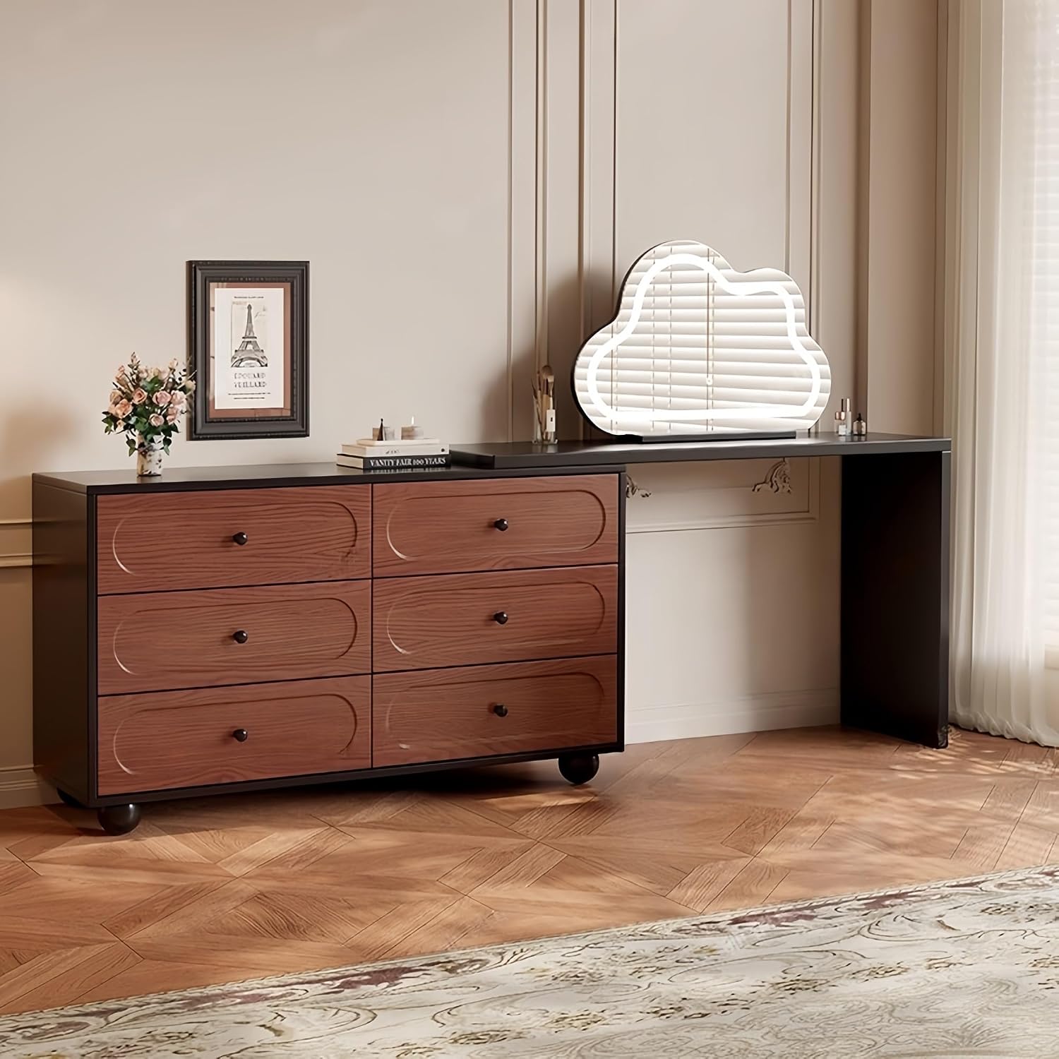 Vanity Desk Table with 3 Color Lighted Cloud-Shaped Smart Makeup Mirror, Corner Dresser Wide Tabletop with Retractable Design, Drawers Chest Installed Left or Right(Walnut,W/CHR,23.6in)