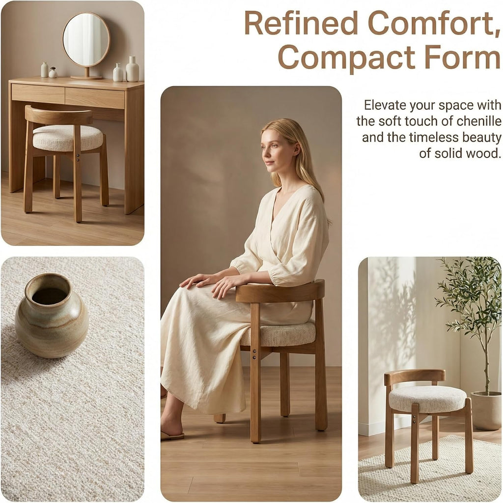 HNY Modern Chenille Vanity Chair & Ottoman: Upholstered Round Seat with Solid Wood Legs, for Makeup Dressing, Living Room Footrest or Piano Bench, Beige