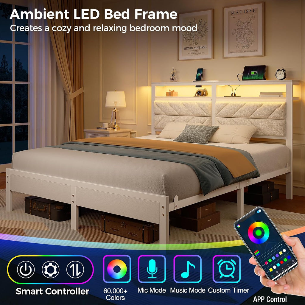 Seventable Bed Frame Full Size with Charging Station, LED Bed with Upholstered Storage Headboard, Metal Platform Bed with Under Bed Storage, No Box Spring Needed, Noise Free, Easy Assembly, White