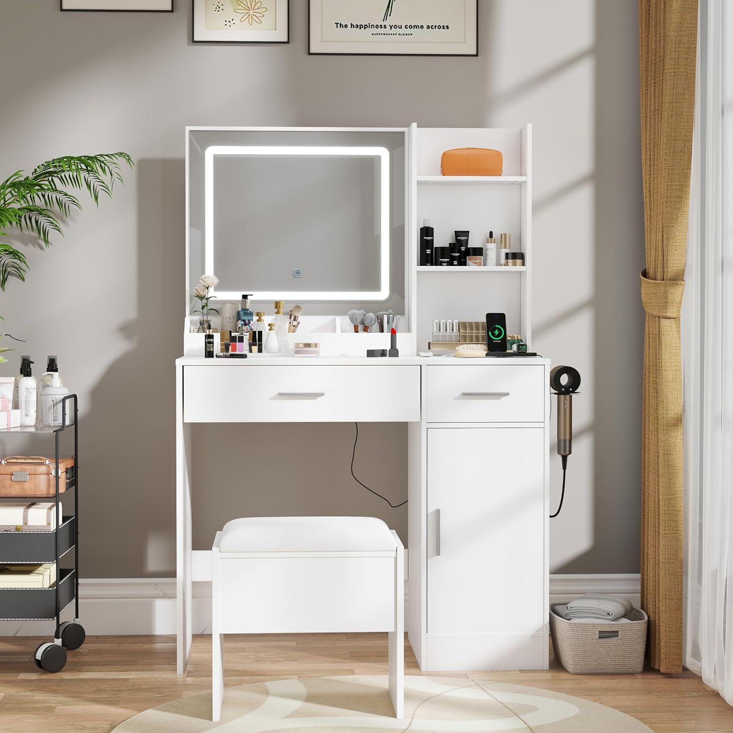Roundhill Furniture Lavin Makeup Vanity Set, Vanity Desk with Stool, LED Light Mirror and Charging Station, White
