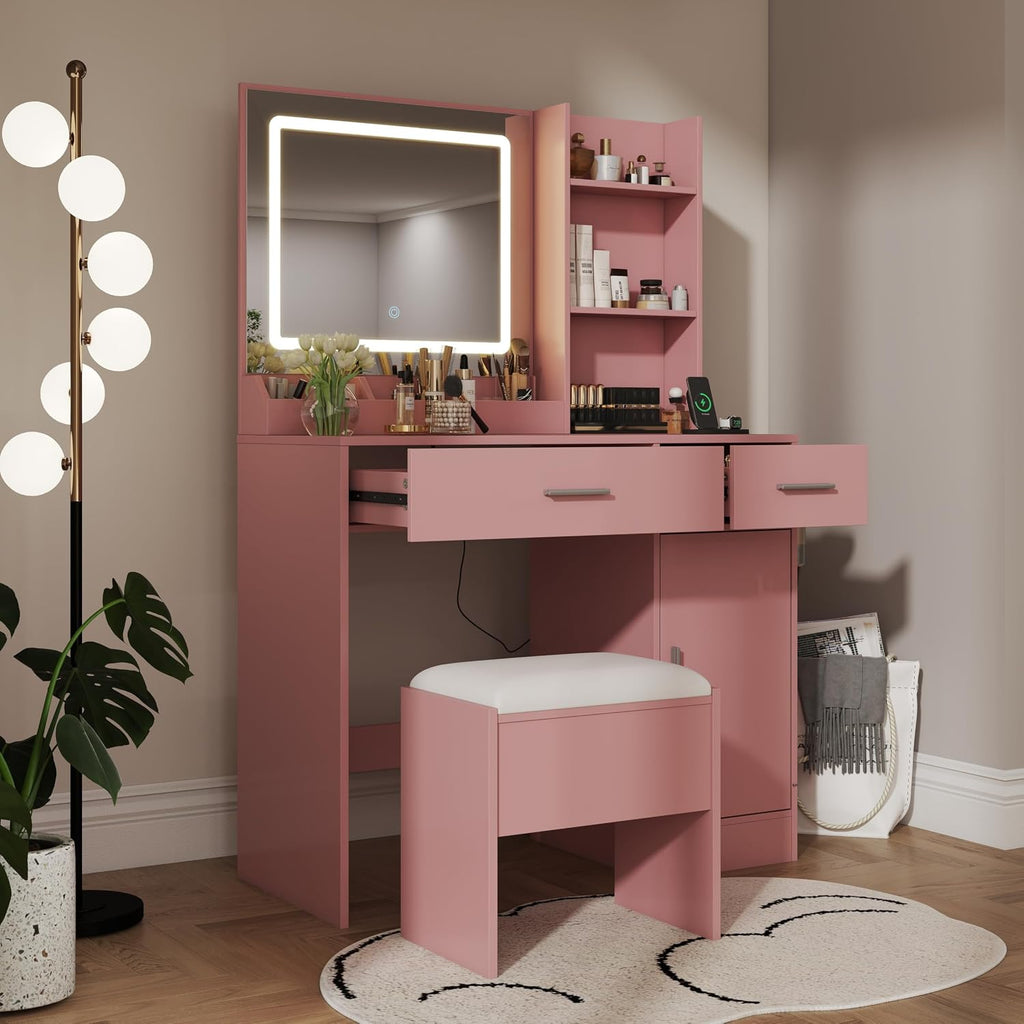 Roundhill Furniture Lavin Makeup Vanity Set, Vanity Desk with Stool, LED Light Mirror and Charging Station, Pink