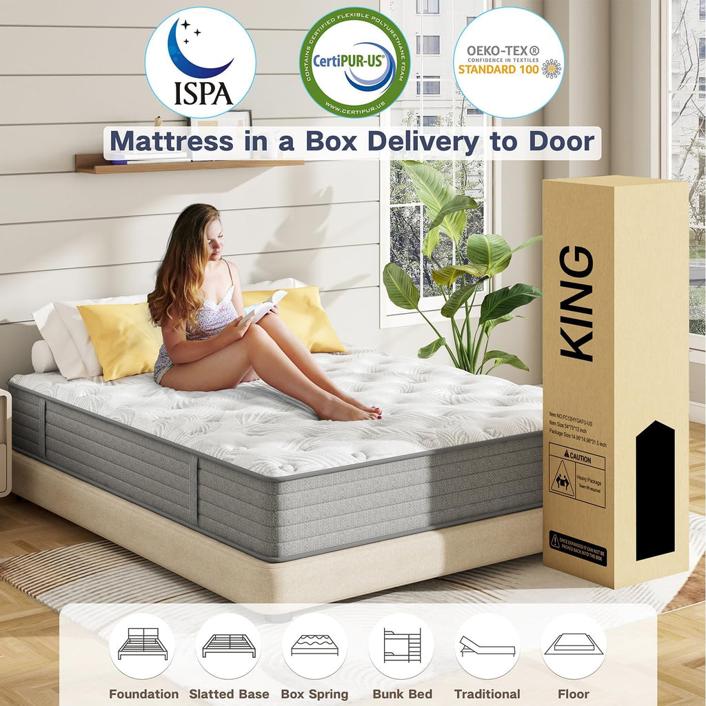 6V-Sermmoo 12 Inch King Mattress, Memory Foam Hybrid King Size Mattress in a Box,with Individual Pocket Spring for Motion Isolation & Silent Sleep, Pressure Relief,Medium Firmness,76'*80'*12'