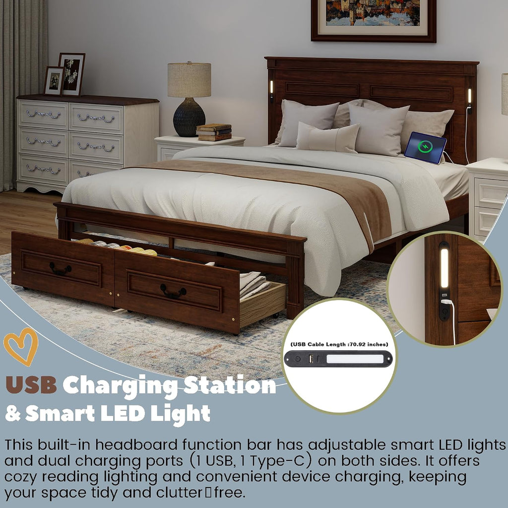 Queen Bed Frame with 46' Tall Headboard, Farmhouse Solid Wood Queen Platform Bed with 2 Storage Drawers,LED Lights & USB Charging Station,No Box Spring Needed, Walnut