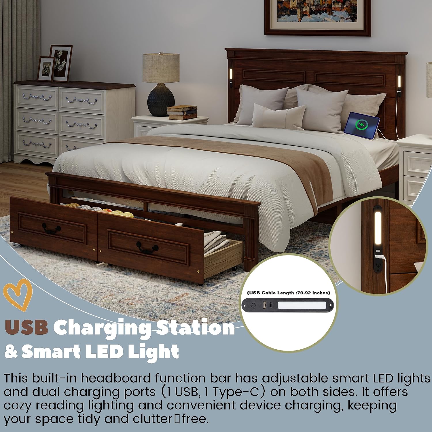 Queen Bed Frame with 46' Tall Headboard, Farmhouse Solid Wood Queen Platform Bed with 2 Storage Drawers,LED Lights & USB Charging Station,No Box Spring Needed, Walnut